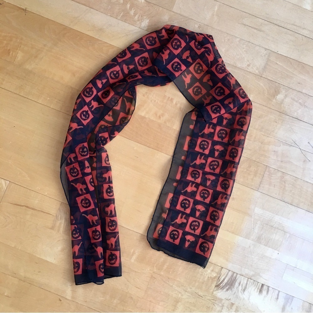 Halloween Patterned Sheer, Lightweight Scarf, Black, Orange - Picture 5 of 10